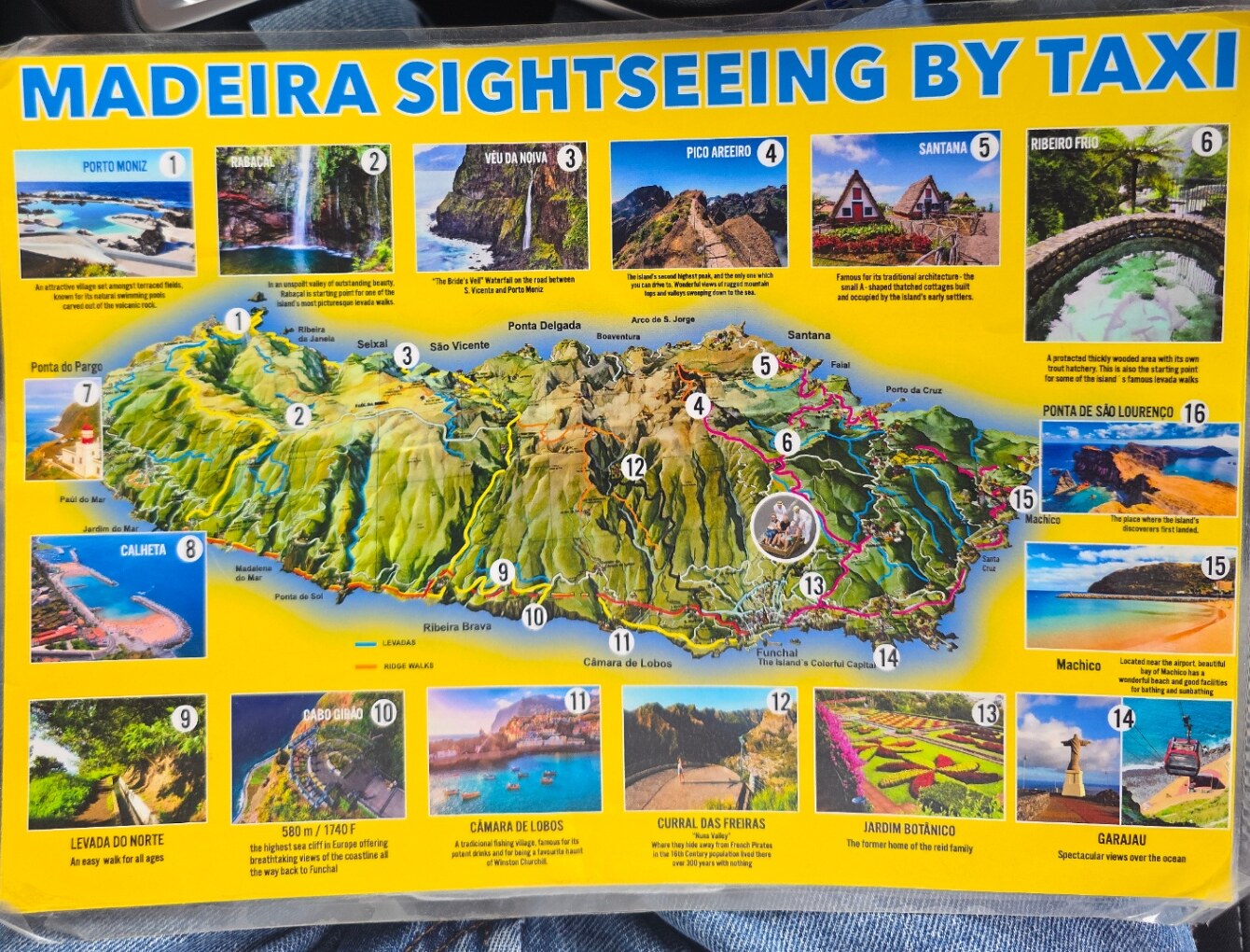 Mapa turístico da Madeira com os principais pontos de interesse visitados em táxi