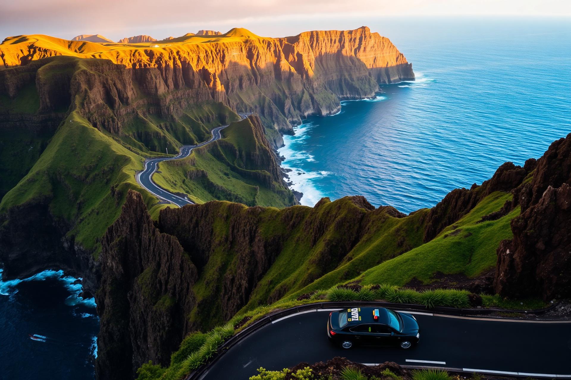 Táxi amarelo na Madeira com paisagem costeira ao pôr do sol